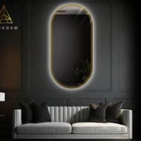 Ovalne zrkadlo v zlatom lesklom rame so svetlenim bonita led