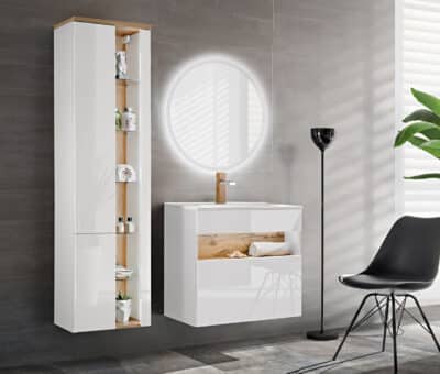 Luxusný kúpeľňový komplet, biely lesk, bez-úchytkový systém